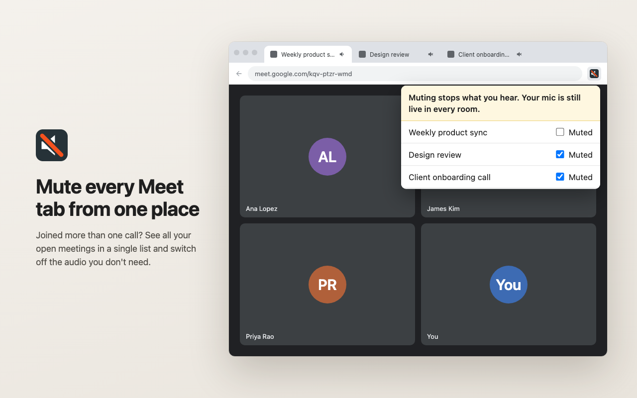 Meet Tab Mute popup listing open Google Meet calls by title, each with a Muted checkbox